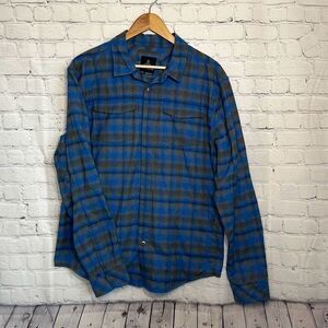 prAna Men's Miki Lightweight Stretch Snap Button Blue Flannel Shirt Size L Large